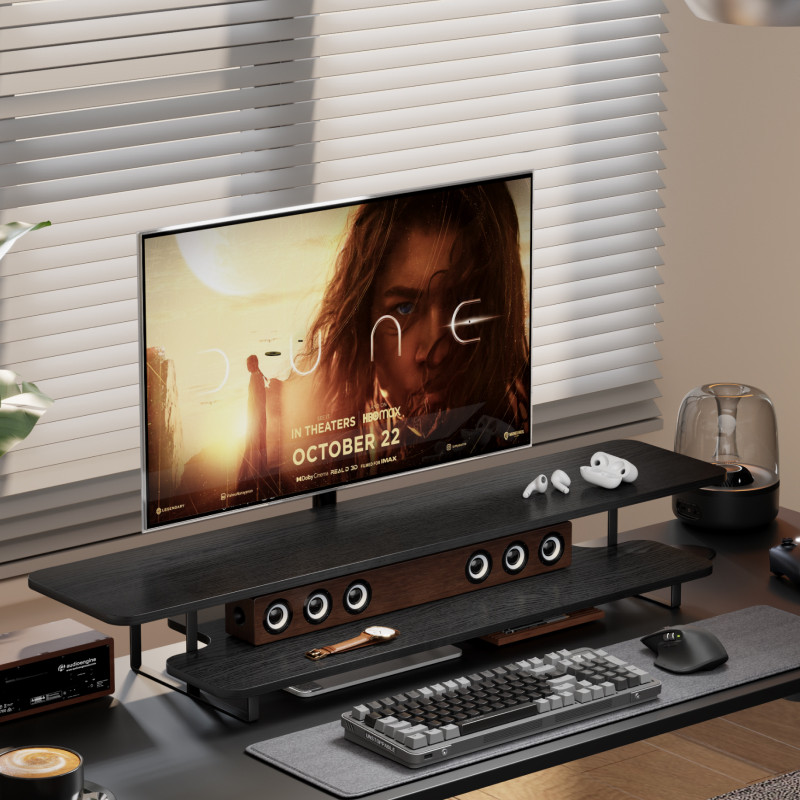 Desk Setup With Laptop And Monitor - Ceviz Kaplama Monitör Standı Yükseltici Masif