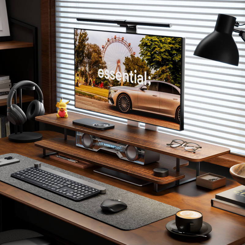 Ceviz Kaplama Monitör Standı Y - Desk Setup With Laptop And Monitor incelemesi ve fiyatı